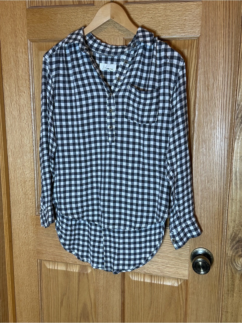 Anthropologie Isadora Button Grey Plaid Flannel Tunic popover long sleeve Soft S